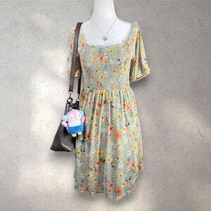 Siren Lily Maternity Floral Smocked Dress Women's S Green Lined Mini Cottagecore